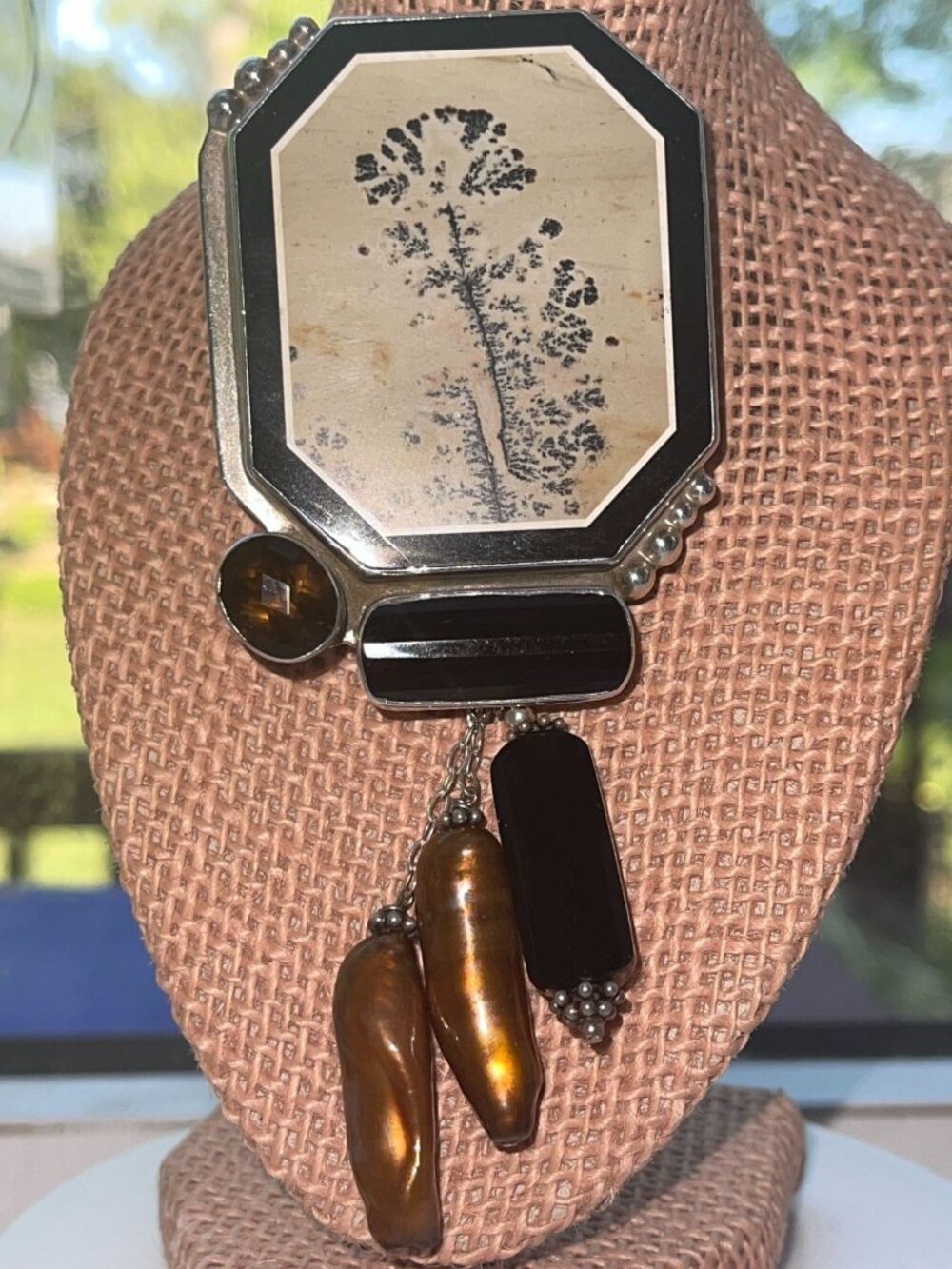 Vtg Amy Kahn Russell Sterling Silver Brooch Pendant Jasper Smoky Quartz & Baroqu